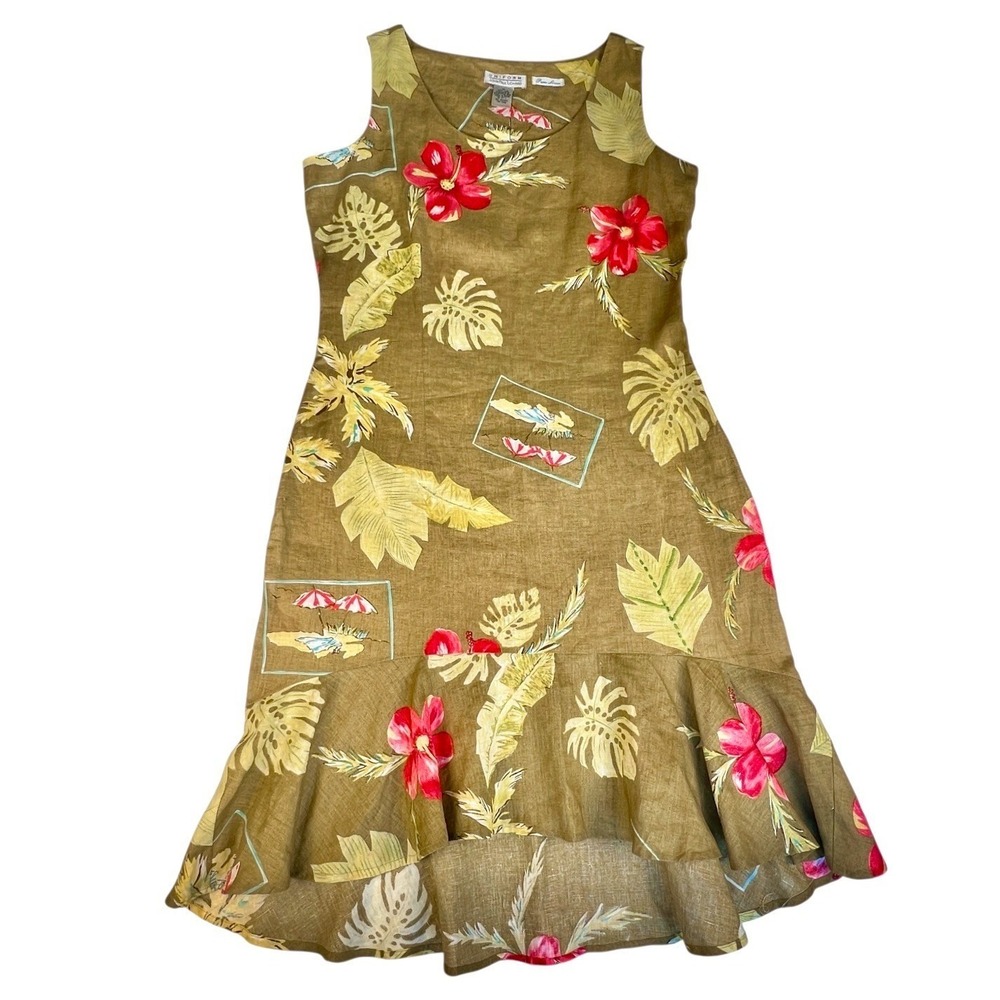 John Paul Richard UNIFORM Sz 10 Linen Dress Tropical Hawaiian Travel Print New